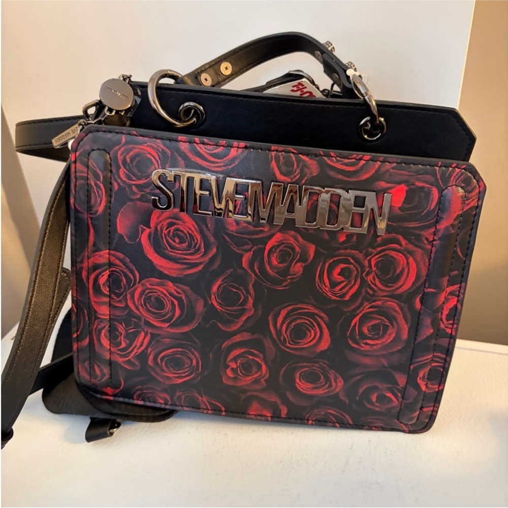 STEVEN MADDEN BEVELYN ROSES SATCHEL/ CROSSBODY BAG WITH FAUX PEARL CHARM AND MAT